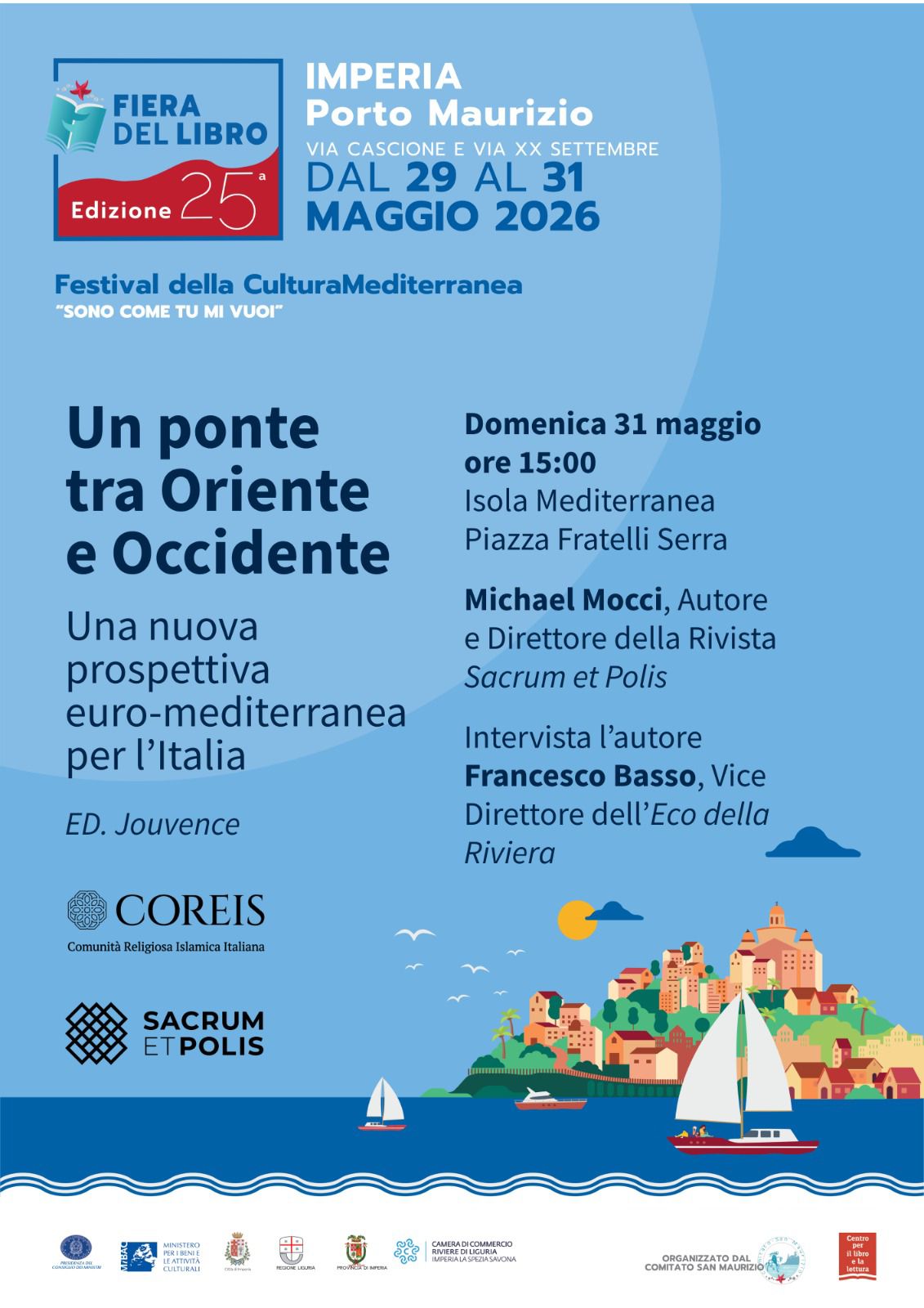 Locandina della presentazione di Un ponte tra Oriente e Occidente alla Fiera del libro di Imperia, domenica 31 maggio 2026
