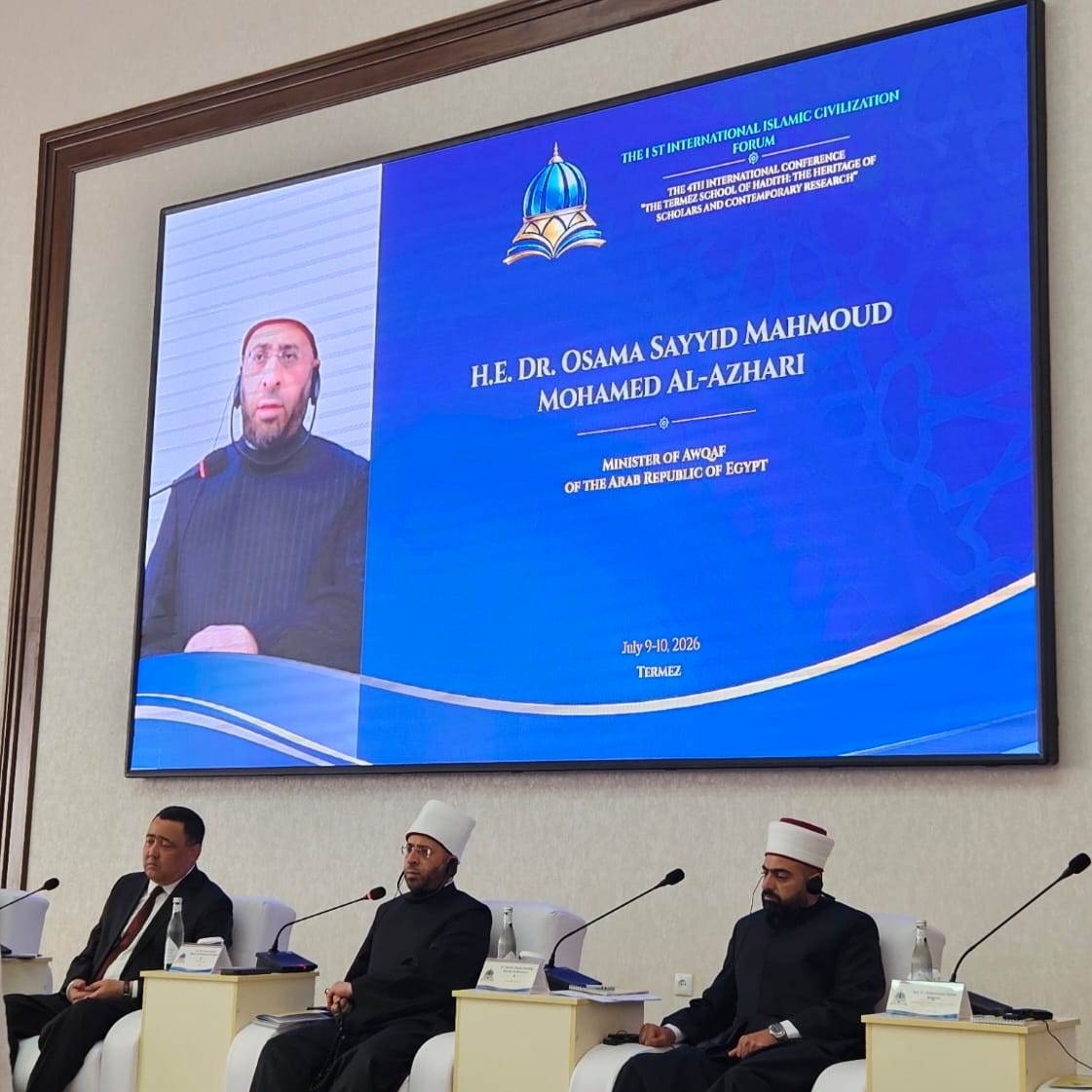 Il Ministro per gli Affari Religiosi della Repubblica Araba d’Egitto Osama al-Azhari nella sessione di apertura della conferenza internazionale di Termez