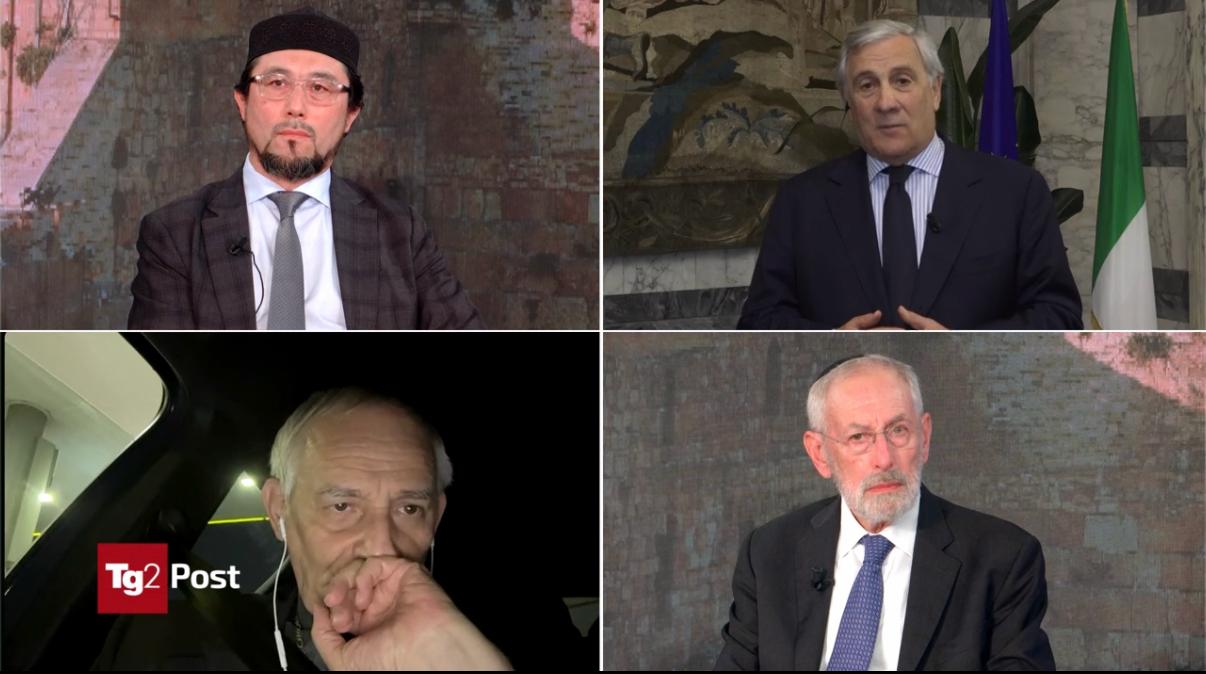 I quattro riquadri del confronto a Tg2 Post: l’Imam Yahya Pallavicini, il ministro Antonio Tajani, il Cardinale Matteo Maria Zuppi e Rav Riccardo Di Segni